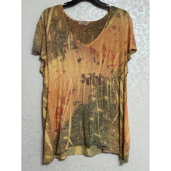 One World Orange Paisley Butterfly Embellished V Neck Short Sleeve Top Empire 2X - Picture 1 of 7